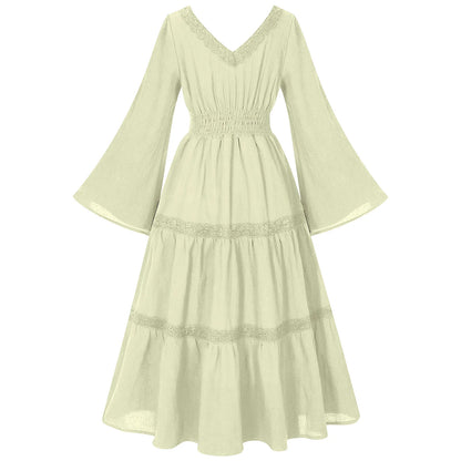 2025 New Beige Halloween/Christmas Square Neck Lace Trim Bell Sleeve Dress for Women, Halloween/Christmas COS Costumes Long Sirt