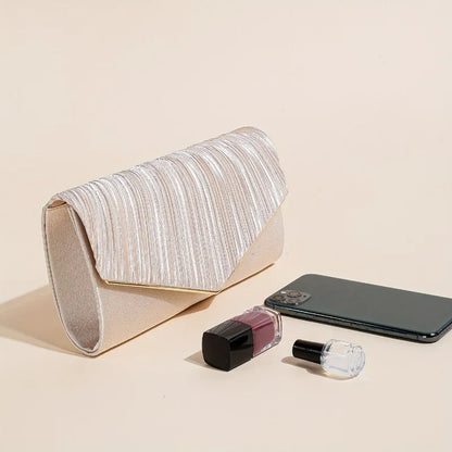 Champagne Pleated Envelope Clutch, Elegant Evening Crossbody Bag with Gold Chain Strap Detachable, for Wedding Formal Events