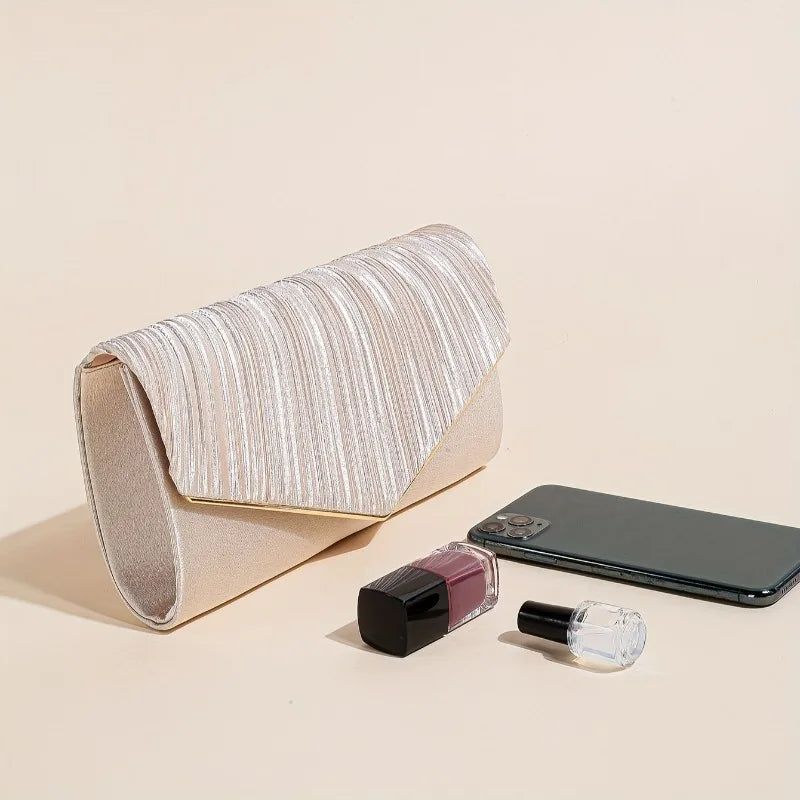 Champagne Pleated Envelope Clutch, Elegant Evening Crossbody Bag with Gold Chain Strap Detachable, for Wedding Formal Events