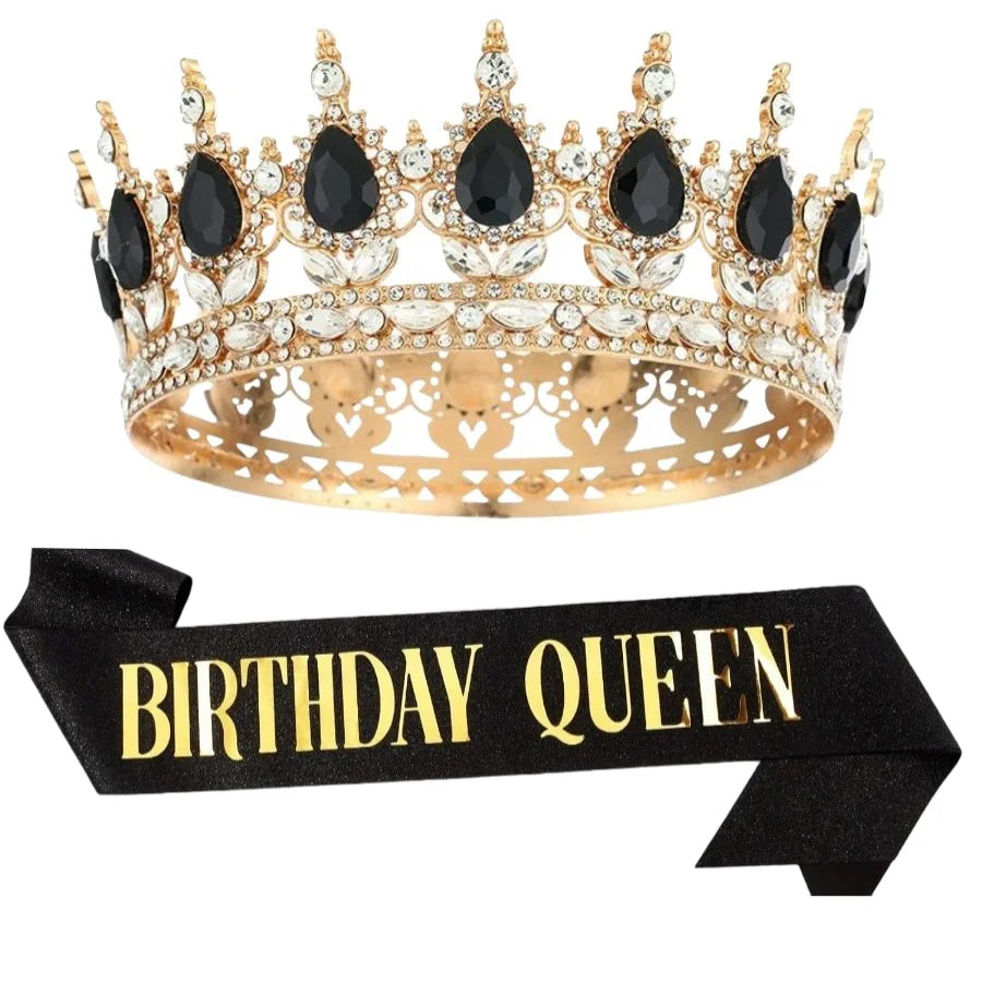 Bling Rhinestones Birthday Party Kit Tiara Crown Queen Sash Women Girl Happy Birthday Hair Accessories Prom Gifts Decorations