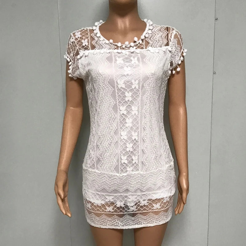 Summer White Women Dress 2024 Casual Sleeveless Beach Short Dress Female Sexy Tassel Mini Lace Dress Vestidos De Tricô Femenino