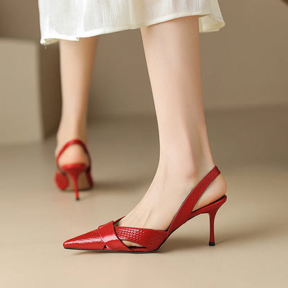 【JOCHEBED HU】Brand Genuine Leather Pointed Toe Slingback Kitten Heel Sandals Women Stiletto High Heels Summer Designer Party