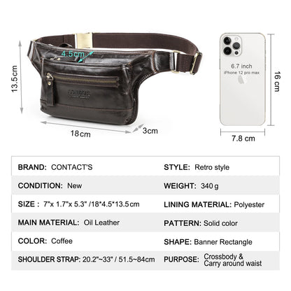 CONTACT'S Genuine Leather Waist Bags for Men Customize Waist Packs Crossbody Bag Phone Pocket Name Engraving Male Travel Bags