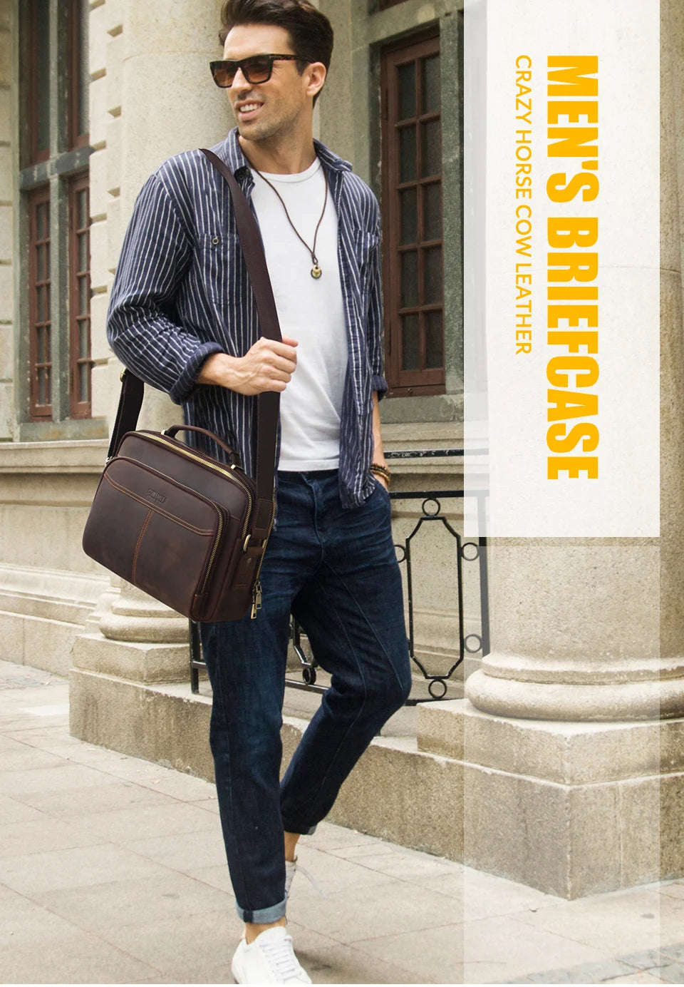 CONTACT'S Crazy Horse Leather Men Messenger Bag Vintage Man Crossbody Bag Handbags Large Capacity Male Shoulder Bags Bolsos