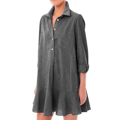 Women Loose Dresses Fashion Casual Half Open Shirt Hem Ruffle Classic Solid Dresses Daily Commute Date Simple Long Sleeve Dress
