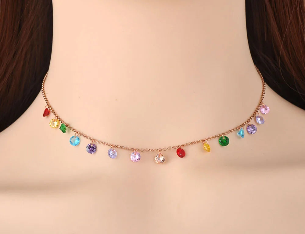 JeeMango Fashion Bohemia Stainless Steel Colorful CZ Crystal Choker Necklace Summer Beach Pendant Necklace For Women JN19125