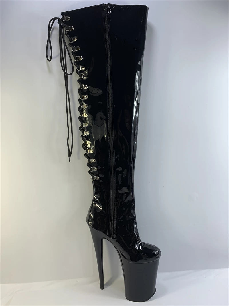 23CM Platform Thigh High Boots Queen, Red Black Patent Leather Extreme Height Boots, Metal Detail Performance Shoes