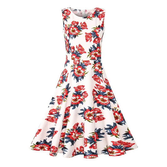 Summer Woman Printing Sleeveless Long Dress Vintage Dress Casual A-Line Beach Print Dress