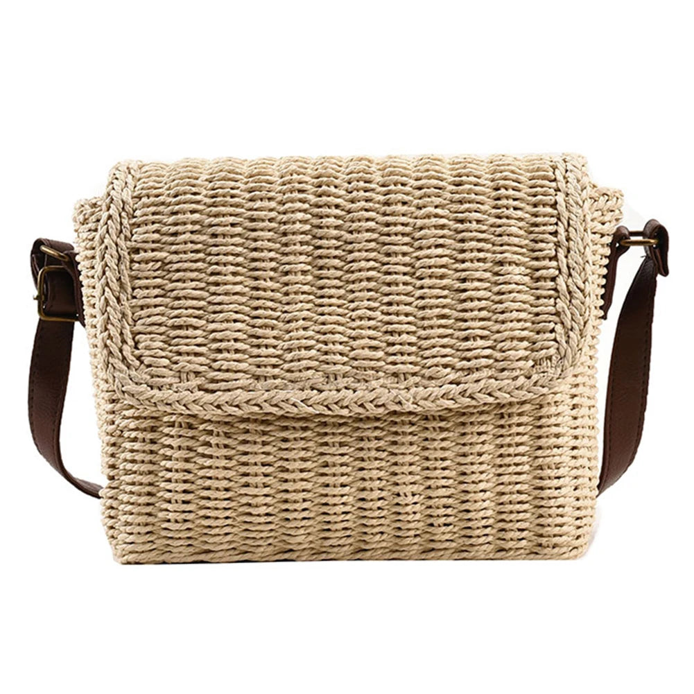 Women Weave Straw Bag Seaside Crossbody Bag Vintage Summer Straw Beach Bag Adjustable Strap Handmade Travel Flap Bag