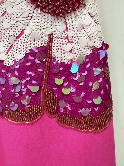 HIGH STREET Newest 2026 Designer Fashion Women's Beaded Sequin Three-Dimensional Flower Short Sleeved Midi Dress