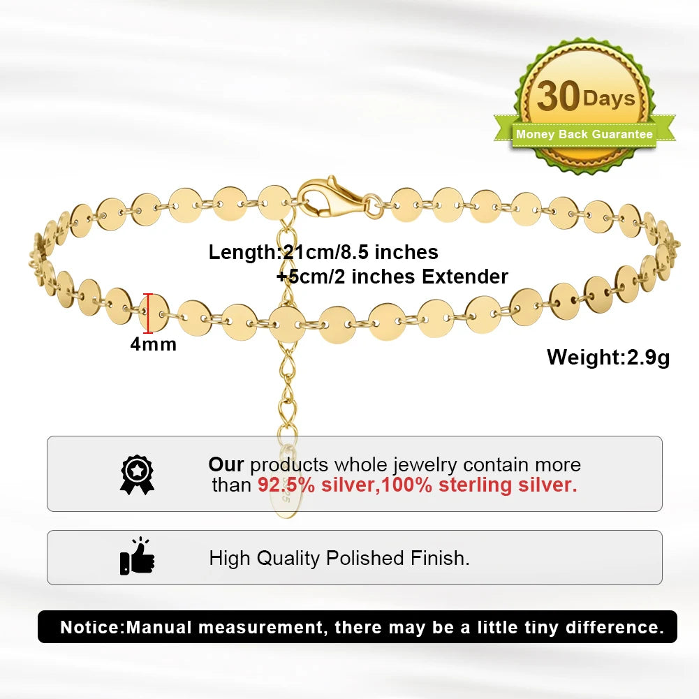 Rinntin Italian Sparkle Mirror Link Chain Anklet Women's 925 Silver Summer Foot Chain Bracelet Fashion Ankle Straps Jewelry SA29