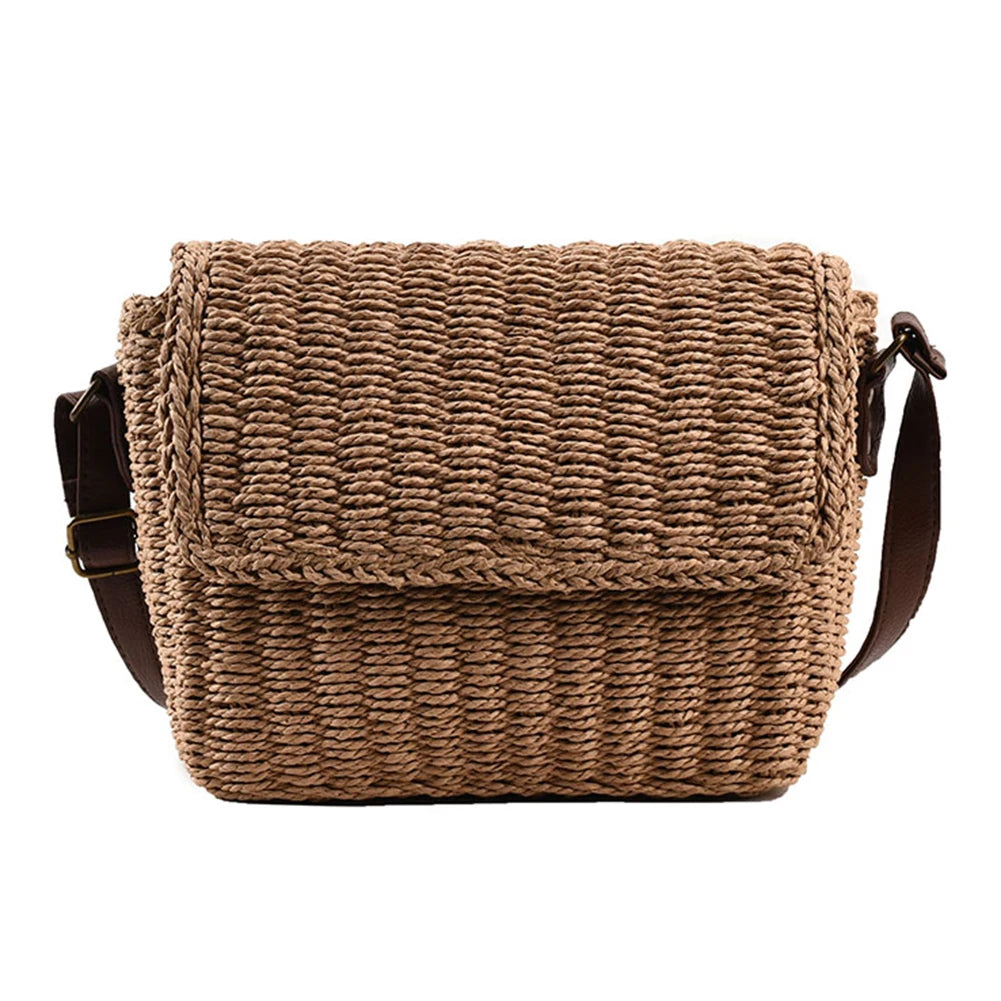 Women Weave Straw Bag Seaside Crossbody Bag Vintage Summer Straw Beach Bag Adjustable Strap Handmade Travel Flap Bag
