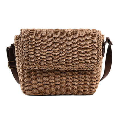 Women Weave Straw Bag Seaside Crossbody Bag Vintage Summer Straw Beach Bag Adjustable Strap Handmade Travel Flap Bag