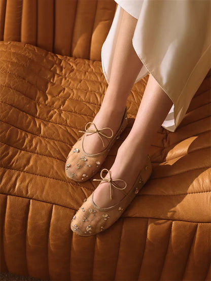 Hlieny Fashion Lace Up Mary Jane Shoes Women Elegant Ballet Flats Crystal Rhinestone Mesh Round Toe Loafers Ladies Mules Sandals