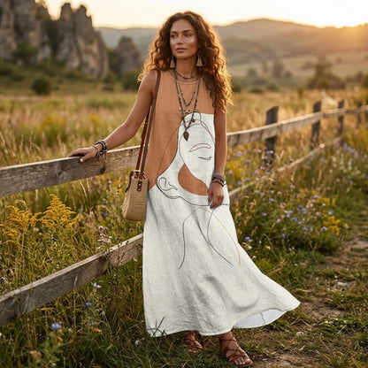 Imitation Linen Loose Vest Long Skirt Artistic Portrait Print O-neck Sleeveless Dress Comfortable Summer Dresses for Women
