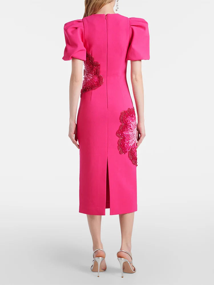 HIGH STREET Newest 2026 Designer Fashion Women's Beaded Sequin Three-Dimensional Flower Short Sleeved Midi Dress