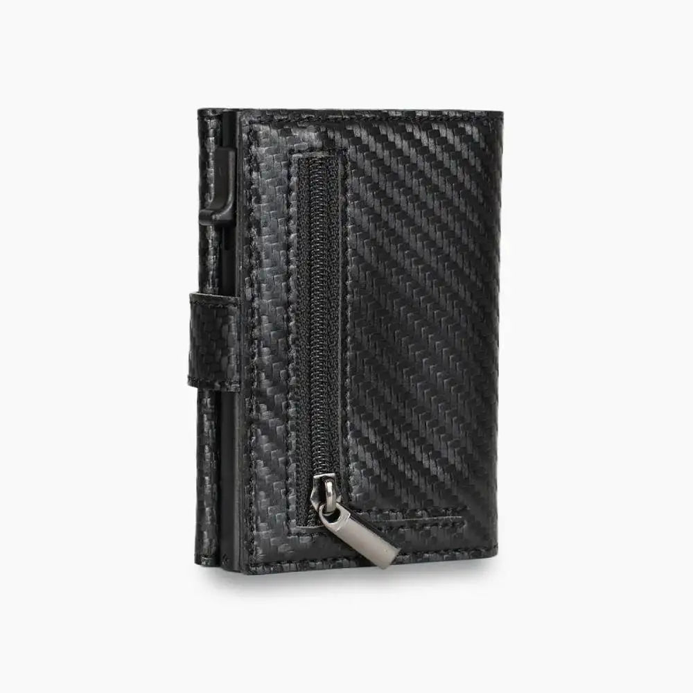 Casekey Men Credit Metal Card Holder RFID Blocking Minimalist Crazy Horse Genuine Leather Pop Up Trifold Wallet with Coin Purse