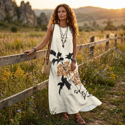Imitation Linen Loose Vest Long Skirt Elegant Floral Summer Dresses for Women Line Sleeveless Sundresses with Pockets