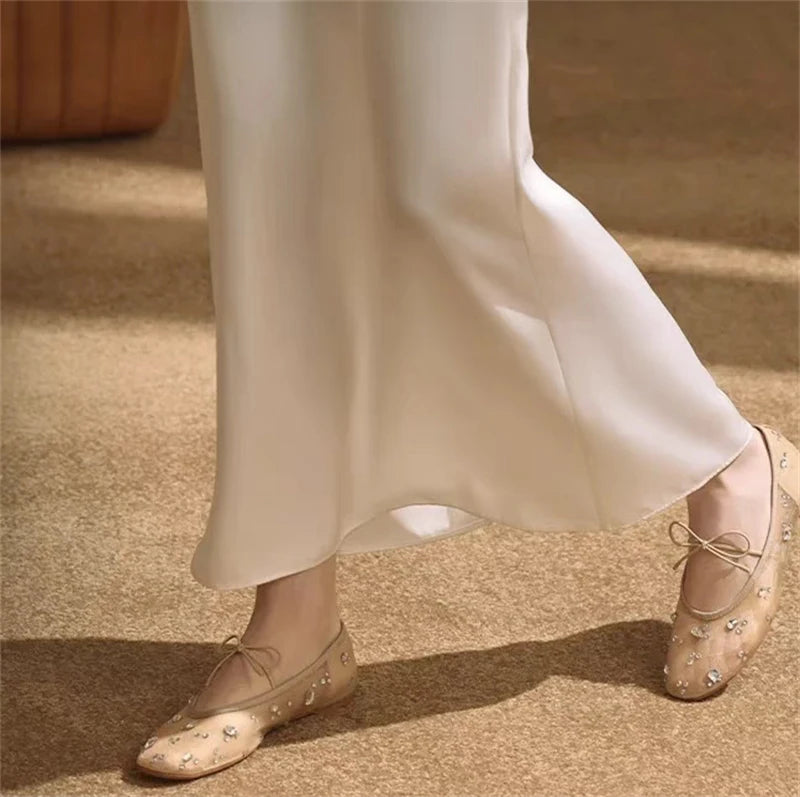 Hlieny Fashion Lace Up Mary Jane Shoes Women Elegant Ballet Flats Crystal Rhinestone Mesh Round Toe Loafers Ladies Mules Sandals