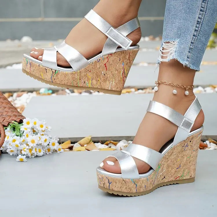 Women's Silver Chunky Platform Sandals 2026 Summer Cork Thick Sole Wedge Sandals Woman Plus Size 43 Pu Leather Casual Shoes