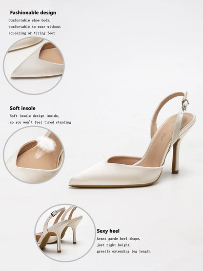 Women's Ivory Satin Pointed-Toe Slingback Heeled Sandals