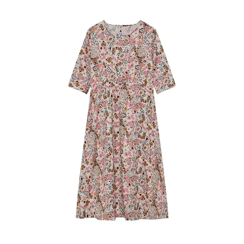 Women's Spring/Summer round Neck Pullover Dress with Pockets Middle Sleeve Loose Casual Print Midi Length