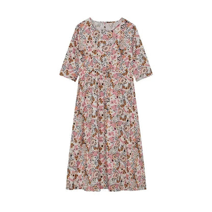 Women's Spring/Summer round Neck Pullover Dress with Pockets Middle Sleeve Loose Casual Print Midi Length