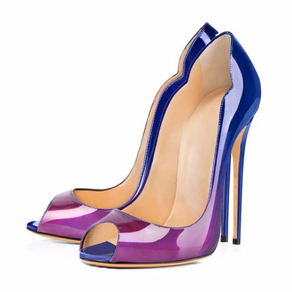 leopard print fish mouth patent leather high heels for women slim heels with pointed toes shallow mouth party shoes big size12cm