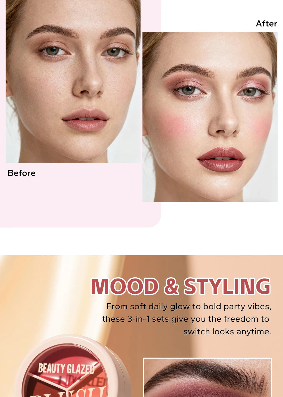 3-color blush palette-cream 2-in-1 multifunctional facial lip makeup, berry, pink, red waterproof
