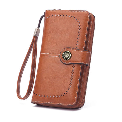 Vintage Large Capacity Women's Purse, Monochromatic, Multi-card, Long Wallet, Multi-function Zipper Strap, Wrist Strap, New