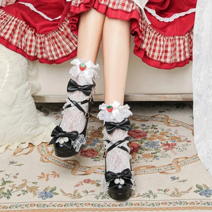Cross Strap Women High Heels Mary Jane Pumps Party Wedding Cosplay White Pink Black Strawberry Bow Princess 2025 Lolita Shoes