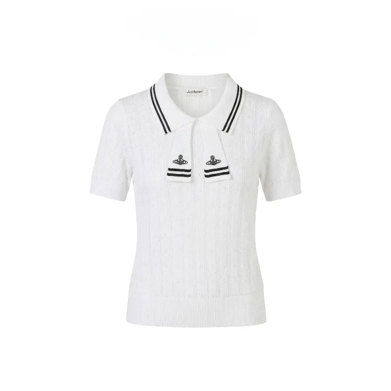 Summer College Style Knitted Collar Girls' T-shirt Simple, Breathable, Comfortable Short Sleeved Commuting Texture High-end Top