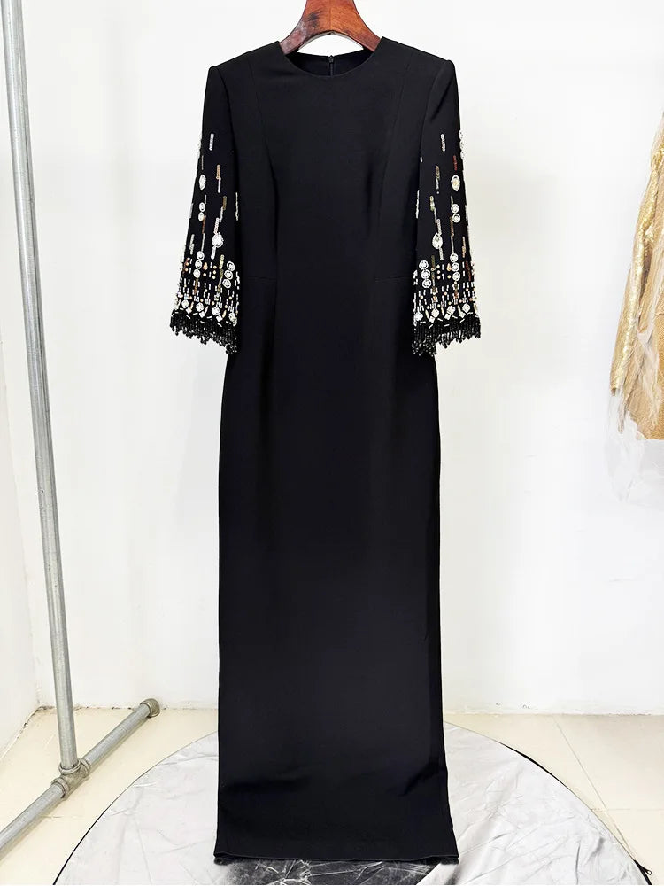 HIGH STREET Newest Fashion 2026 S/S Designer Vestido Women's Half Sleeve Stunning Beaded  Long Maxi Dress