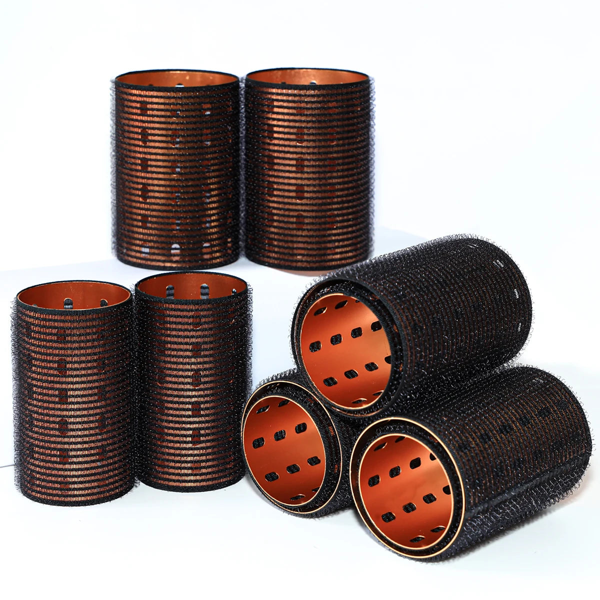 6pcs Large Roller Set Hook & Loop Aluminium Rose Gold Core Self Grip Rollers Ceramic Hot Thermal Volume Curler 90mm 1934