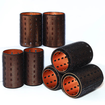 6pcs Large Roller Set Hook & Loop Aluminium Rose Gold Core Self Grip Rollers Ceramic Hot Thermal Volume Curler 90mm 1934