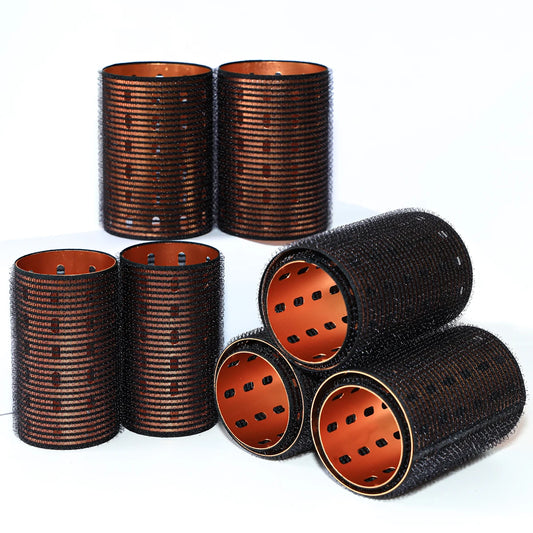 6pcs Large Roller Set Hook & Loop Aluminium Rose Gold Core Self Grip Rollers Ceramic Hot Thermal Volume Curler 90mm 1934