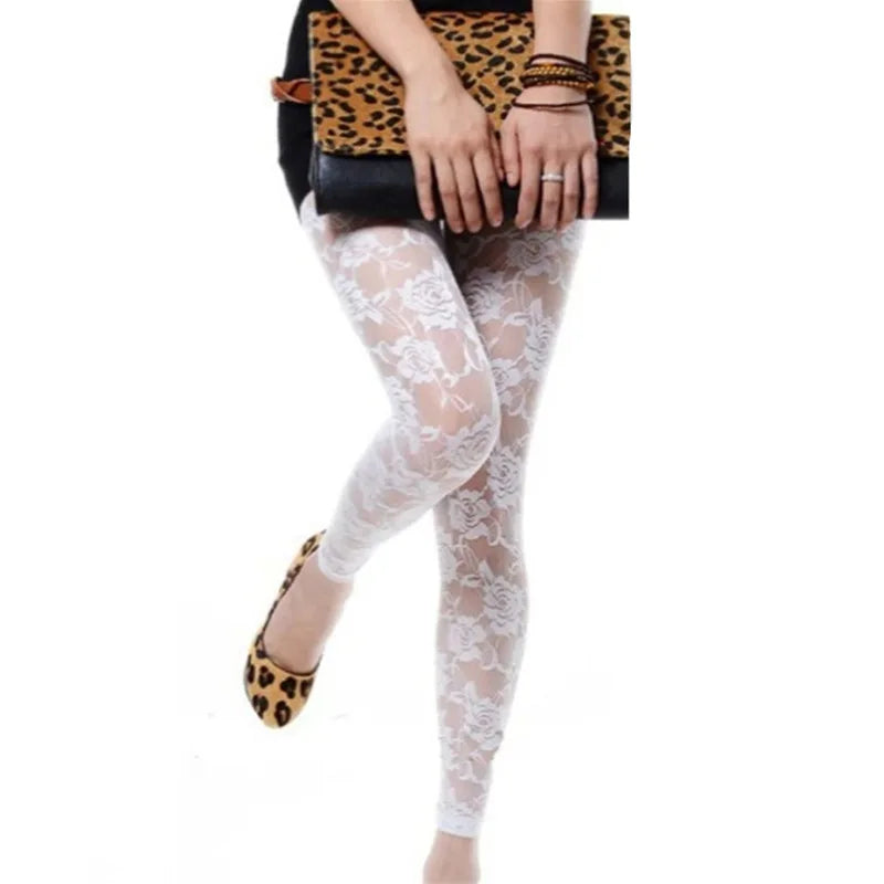 New Retro Sexy Net yarn Lady Rose Lace Elegant Through Leggings Pants Footless Black White Women Summer Skinny Nine Pants