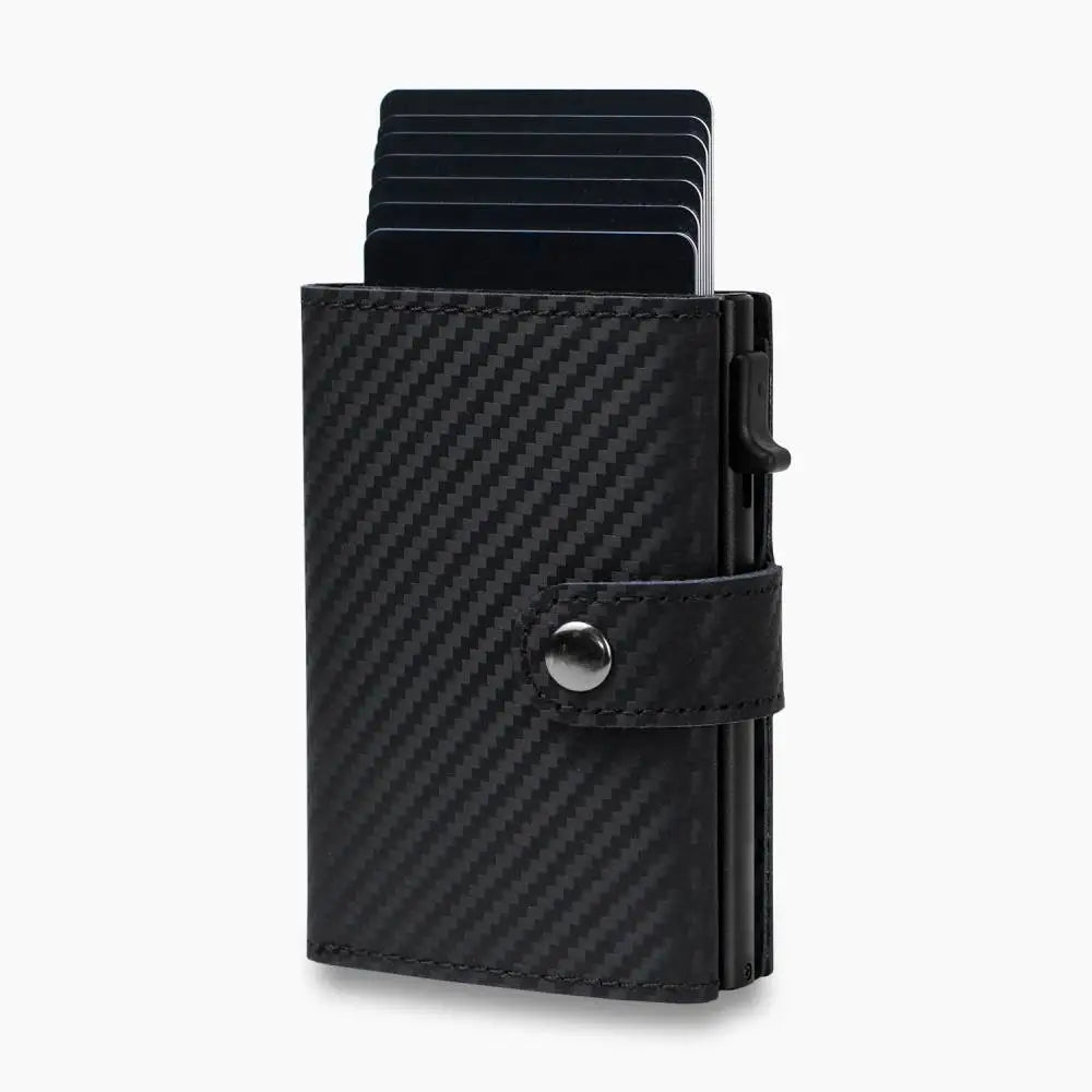 Casekey Men Credit Metal Card Holder RFID Blocking Minimalist Crazy Horse Genuine Leather Pop Up Trifold Wallet with Coin Purse