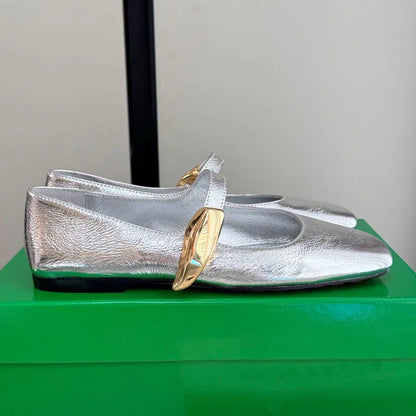 High Quality Women's Soft-soled Mary Jane Square Toe Versatile Commuter Metallic Decor One Strap Genuine Leather Flat Shoes