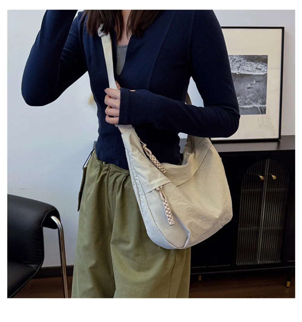 Casual Canvas Crossbody Bags Korean Simplified Large Capacity Sports Hobos Bag Solid Color Lightweight Dumpling Bag Women