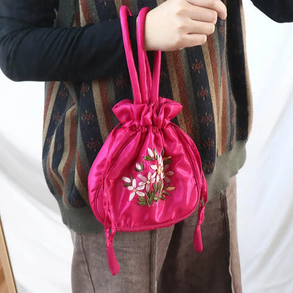 Satin Silk Hanfu Drawstrings Bag Leaf Ethnic Style Embroidery Flower Handbag Cosmetic Makeup Bag Mommy Bag Small Purse Wallet