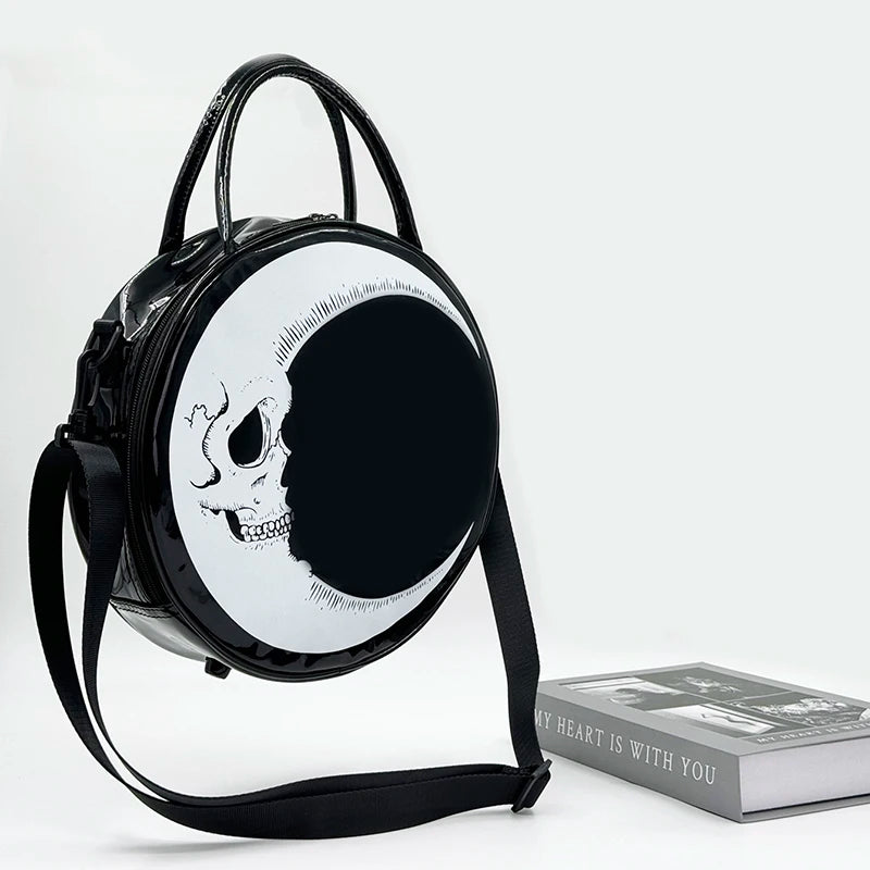 Girls Punk Dark Gothic Novel Shoulder Bag Skull Crossbody Bag, Moon Messenger Bag, Round Bag