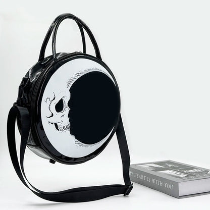 Girls Punk Dark Gothic Novel Shoulder Bag Skull Crossbody Bag, Moon Messenger Bag, Round Bag