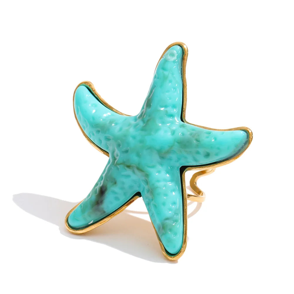 Yhpup 4 Color Ocean Style Acrylic Resin Big Starfish Adjustable Ring Stainless Steel Summer Vacation Jewelry for Women Tropical