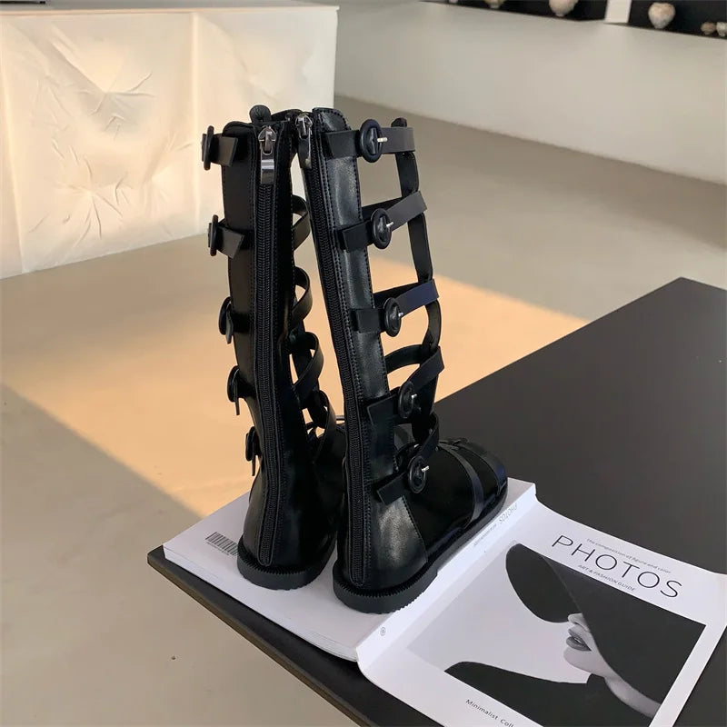 Knee High Summer Boots Gladiator Rome Sandals Mid-Calf Boots Booties Open Toe Strappy T-tied Strap Flat Heel Shoes Girl Women