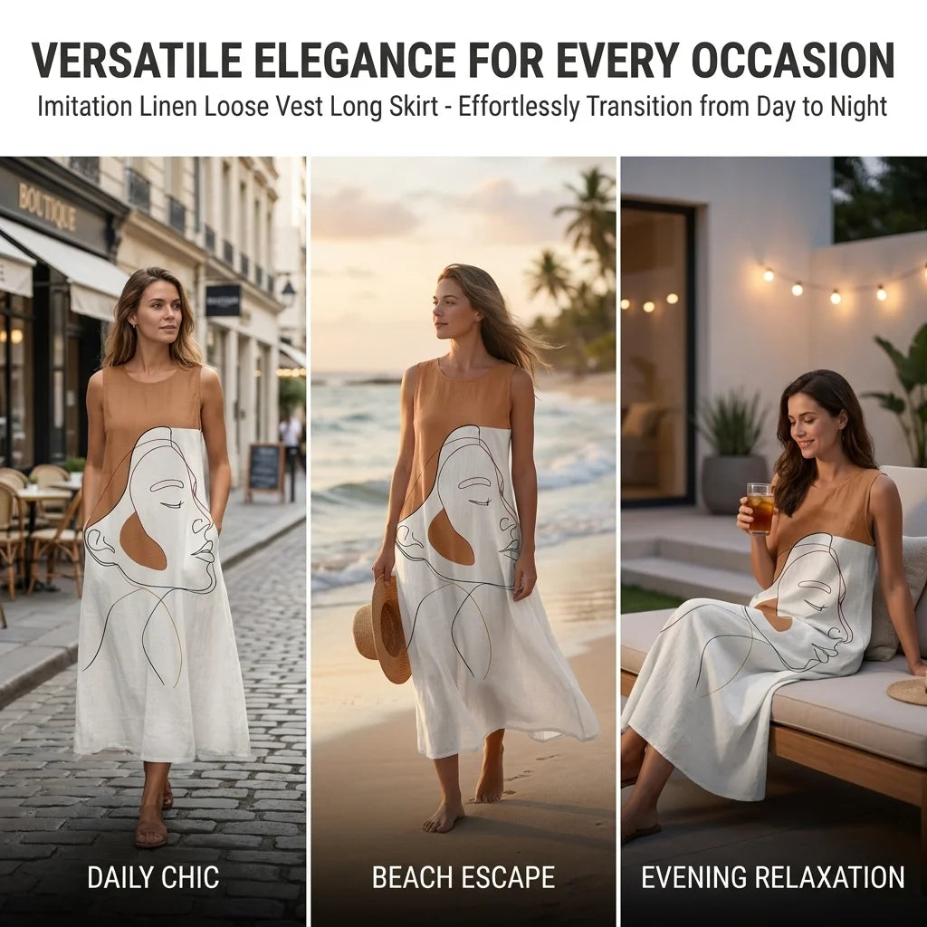 Imitation Linen Loose Vest Long Skirt Artistic Portrait Print O-neck Sleeveless Dress Comfortable Summer Dresses for Women