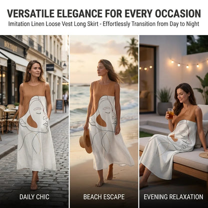 Imitation Linen Loose Vest Long Skirt Artistic Portrait Print O-neck Sleeveless Dress Comfortable Summer Dresses for Women