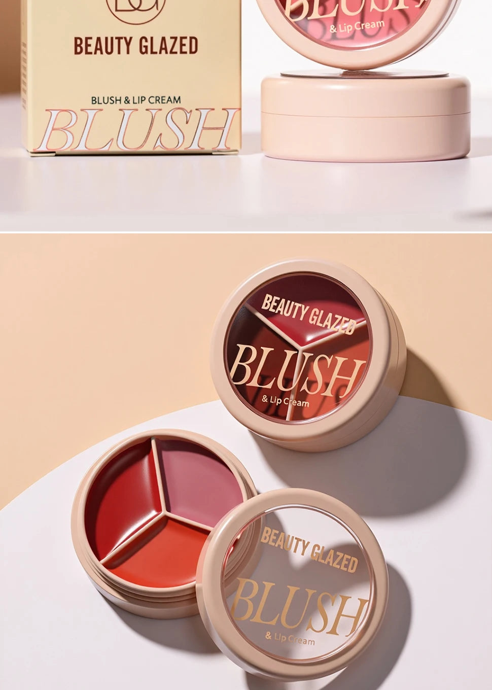 3-color blush palette-cream 2-in-1 multifunctional facial lip makeup, berry, pink, red waterproof