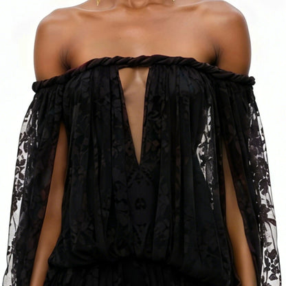 Elegant Luxury Off Shoulder Lace Maxi Dress, Black Sheer Cutout Long Sleeve Gown, Socialite Party Evening Dress For Women