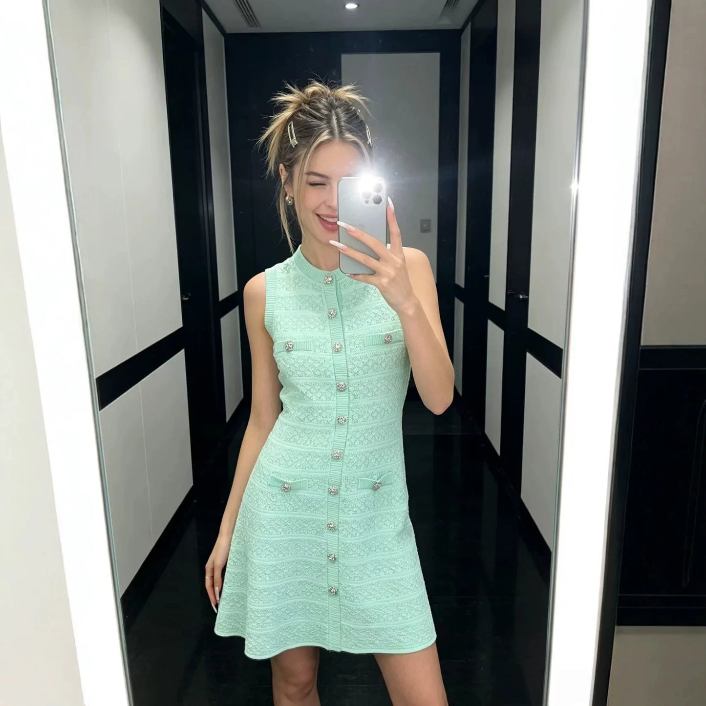 ZJYT New Summer Women's Sleeveless Knit Dress Elegant Sweet Pink Casual Party Mini Short Dresses Female Knitwears with Buttons